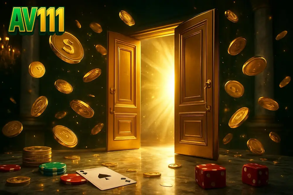AV111 Bangladesh โ golden doors opening with coins cascading across a marble hall AV111 Bangladesh โ golden doors opening with coins cascading across a marble hall